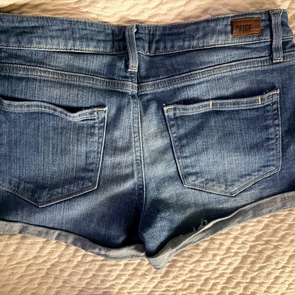 PAIGE Medium Blue Rolled Cuff Denim Shorts - Picture 3 of 7